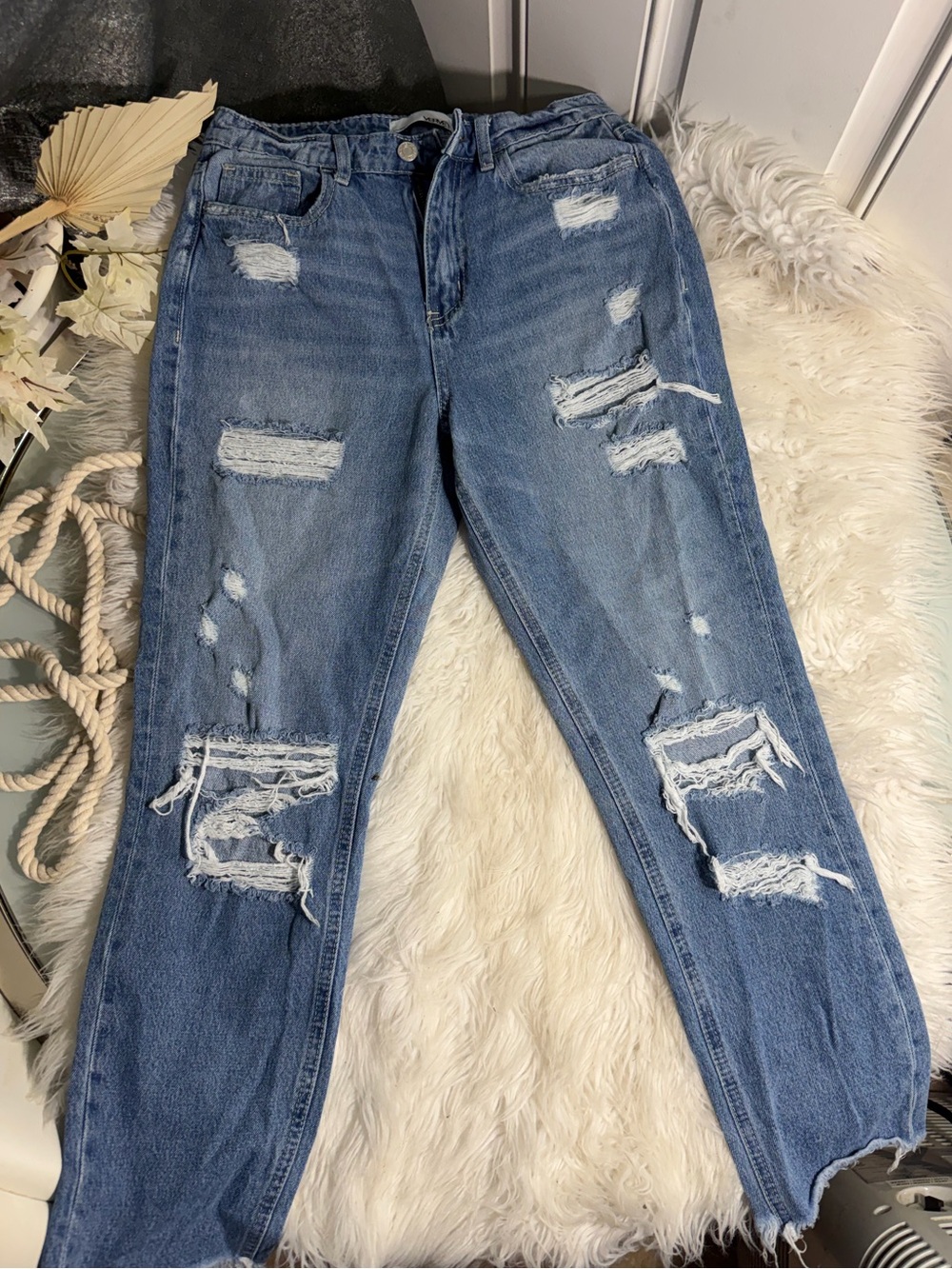 High-Rise Distressed Wide-Leg Jeans in Blue